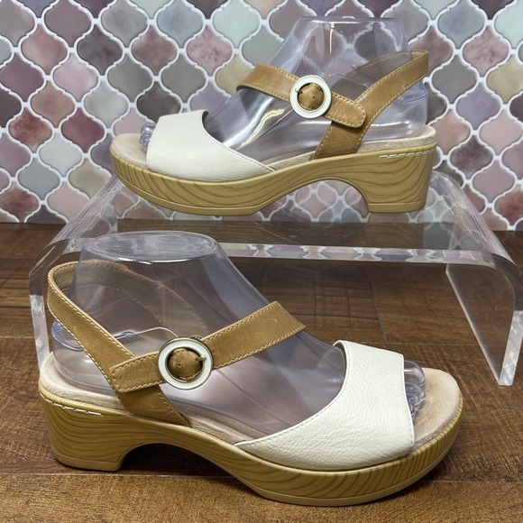 Dansko Leather Marjory Asymmetrical Strap Heeled Sandals Ivory/Tan EU37/US 6.5/7 - Picture 9 of 16